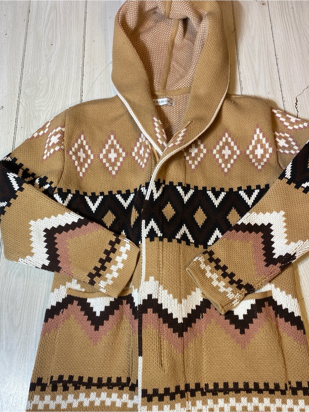 One In A Million Men Aztec Print Knit Cardigan Sweater Hoodie Brown Size XL